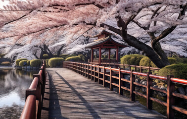 Wall Mural - bridge in the park under the cherry blossoms created with Generative AI technology