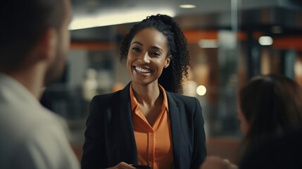 Wall Mural - Smiling black female business consultant talking to her colleagues