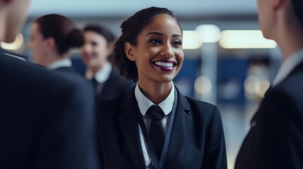 Wall Mural - Smiling black female flight attendant talking to her colleagues