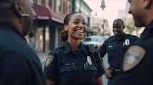 Smiling Black Female Police Officer Talking To Her Colleagues