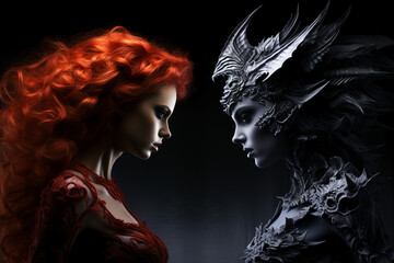 Poster - Generative AI illustration of two female angels opposition grey dark and fire red hair