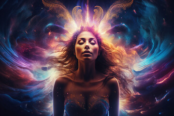 Poster - Picture of woman Astral body Psychedelic journey near death experience made by Generative AI