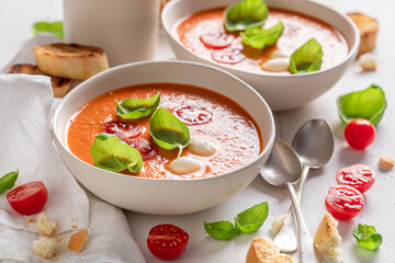 Wall Mural - Tasty tomato soup with mozzarella cheese and crostini.