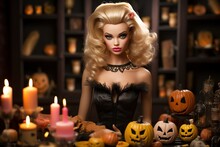 Witch Doll Among Halloween Pumpkin Lanterns And Burning Candles. Halloween Holiday Concept.
