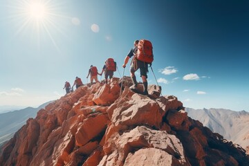 A group of climbers walks on a top of the mountain. Travel and mountain hiking concept