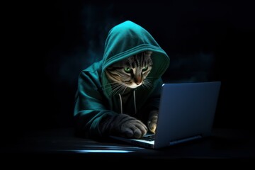 Cat hacker in green hoodie working at a laptop on black background