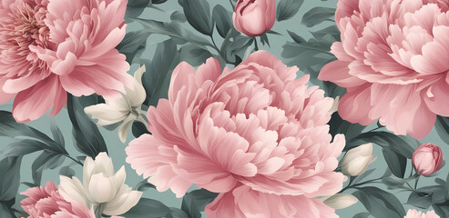  Floral wallpaper with pink peonies. Generative AI.