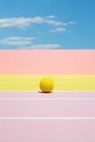 Fototapeta Zachód słońca - A vibrant yellow ball bounces against a backdrop of a bright pink and yellow tennis court, the bright sky above radiating warmth and joy