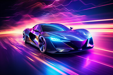 Futuristic Sports Car On Neon Highway speed race Generative AI picture