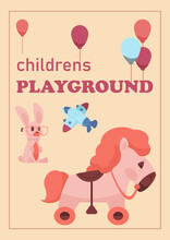Cute Toys. Cartoon Playthings For Children. Colorful Balloons And Plush Animals. Kids Airplane. Playground Banner. Soft Pink Rabbit And Horse. Nursery Playroom. Vector Childish Card Design