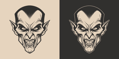 Wall Mural - Vintage retro Halloween vampire dracula character face portrait. spooky scary horror element. Monochrome Graphic Art. Vector. Hand drawn element in engraving.