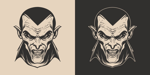 Vintage retro Halloween vampire dracula character face portrait. spooky scary horror element. Monochrome Graphic Art. Vector. Hand drawn element in engraving.
