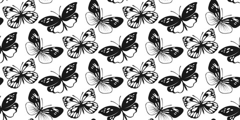 Wall Mural - Butterfly Seamless Pattern. Decorative Fly Insect Background. Black and White Botanical Texture