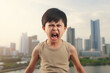 Anger Asian Boy In Beige Tank Top On City Background