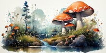 AI Generated. AI Generative. Draw Paint Watercolor Sketch Mushrooms Decoration Background Canvas Paint. Graphic Art