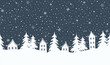 Winter background. Christmas village. Seamless border. Fairy tale winter landscape. White houses, fir trees, snowflakes on dark blue background. Vector illustration