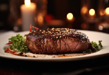 Wall Mural - steak on white plate on table. wagyu