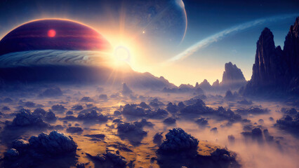 Wall Mural - alien planet landscape with glowing sun and mountains with fantastic rocks formations 3d illustratio