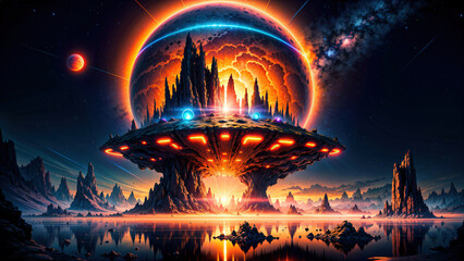 Wall Mural - alien planet landscape with glowing sun and mountains with fantastic rocks formations 3d illustratio