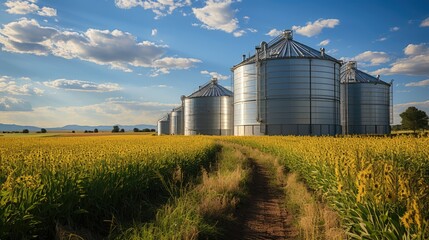 Grain silos in the middle of wide green fields on a sunny day.