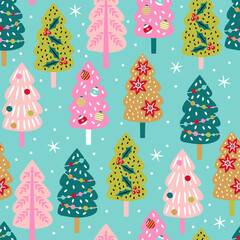 Wall Mural - Seamless pattern for Christmas holiday with cute Christmas trees. Childish background for fabric, wrapping paper, textile, wallpaper and apparel