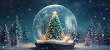 Christmas Magic In Snow Globe With Shining Tree. Concept Of Winter Wonderland.