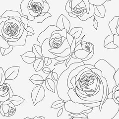Aufkleber - Seamless pattern with line art roses. Beautiful blossoming hand drawn flower with bud on white background. Abstract wallpaper. Vector stock illustration	