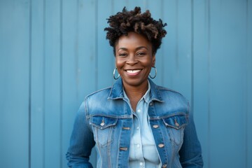 Wall Mural - Portrait of a smiling african american woman standing against blue background