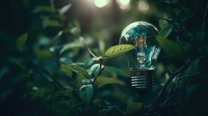 Light bulb full of green leaves and tree on green natural background.