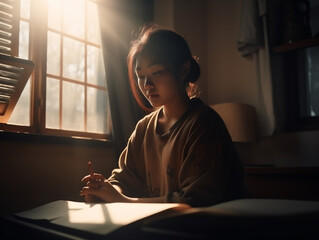 Wall Mural - Beautiful Asian girl sitting by the window at home reading, afternoon sunlight