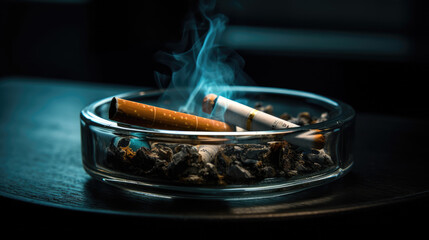 Wall Mural - lit cigarette on full ashtray isolated.