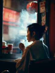 Wall Mural - woman smoking cigarette in an Asian style market