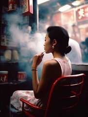 Wall Mural - woman smoking cigarette in an Asian style market