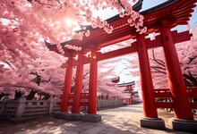Beautiful Red Gate And Cherry Blossom In Kyoto, Japan