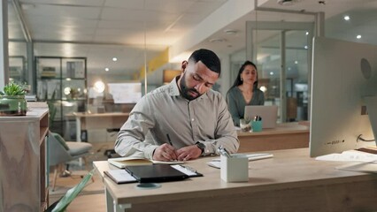 Sticker - Computer, research and a business man writing in his notebook while planning in the office at night. Database, information and a young employee working at his desk in the workplace for strategy