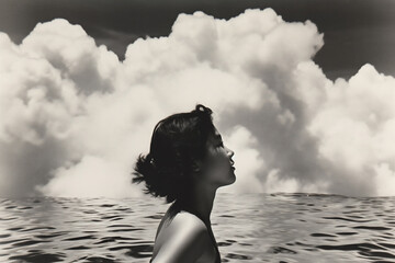 Canvas Print - Woman swimming at sunny seaside, black and white photo with retro effect