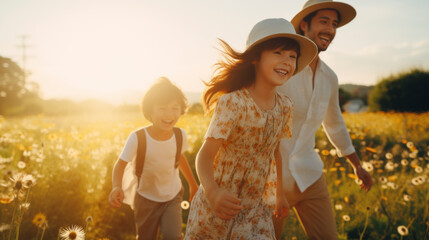 Happy cheerful carefree freedom family playing fun love together walking run active lifestyle at outdoor park meadow grass field sunset happiness moment,ai generate