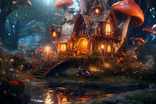 Fairy Tale Little House In Magical Forest With Mushrooms. Cartoon Illustration. Fairy Elf Gnome Magic. Generative AI
