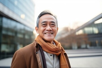 Wall Mural - Portrait of happy mature asian man in coat and scarf outdoors