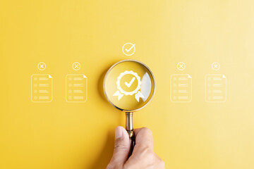 Leinwandbilder - Quality Certificate and Checklist document analyst target marketing planning assignment with quality management. Standardization, certification. Compliance to regulations service and standards.