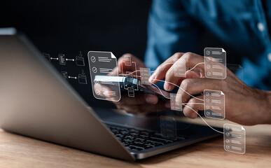 Leinwandbilder - Online Inspector Document Node Planning and digital form checklist by laptop computer, Document Management Checking System, online documentation database and process manage file on networking big data