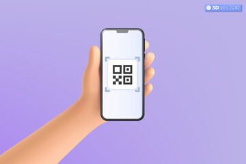 3d hand holding mobile phone scanning QR code icon symbol. Shopping special offer marketing promotion, mockup. online shopping concept. 3D vector isolated illustration, Cartoon pastel Minimal style.