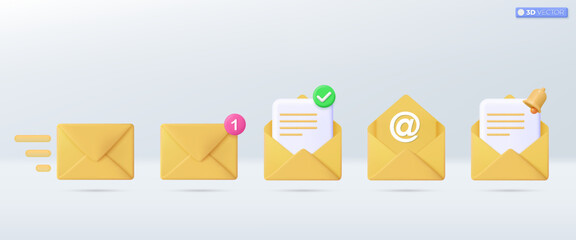 3d Yellow mail envelope icon set symbol. Render email notification with letters, check mark, paper plane icons. communication concept. 3D vector isolated illustration, Cartoon pastel Minimal style.