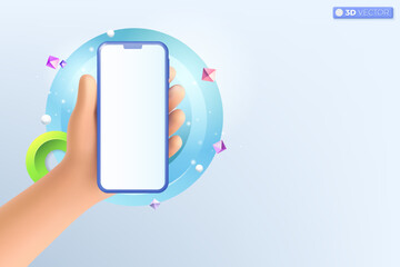 3d hand holding mobile phone icon symbol. Realistic smartphone with empty screen on abstract background, Phone mockup template concept. 3D vector isolated illustration, Cartoon pastel Minimal style.