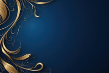 Blue And Gold Business Banner Background With Golden Floral Ornate And Copy Space