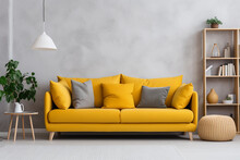 Yellow Sofa With Grey Pillows Near A Blank White Wall. Modern Interior With Contemporary Furniture For Mockup, Wall Art. Promotion Background With Copyspace.