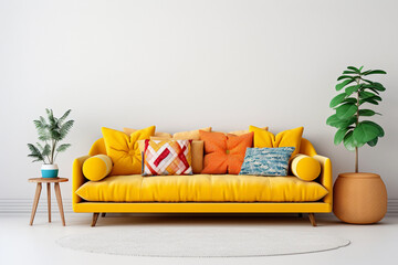 Wall Mural - Yellow sofa with colorful cushions near a blank white wall. Modern interior for mockup, wall art. Promotion background with copyspace.