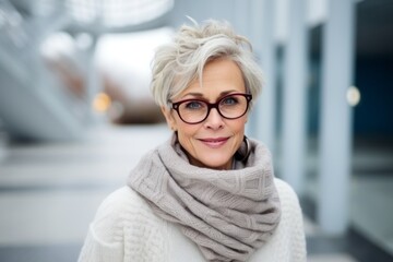 Wall Mural - Medium shot portrait of a Russian woman in her 50s in a modern architectural background wearing a cozy sweater