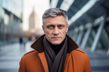 Medium shot portrait of a Russian man in his 50s in a modern architectural background wearing a chic cardigan