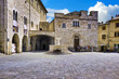 Bevagna town, Umbria, Italy.  Silvestri Square with the Consuls Palace, the fountain and St Sylvester's Church.